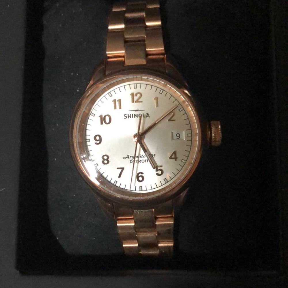 NWT $650 Shinola Argonite 705 rose gold women’s watch metal band new in box